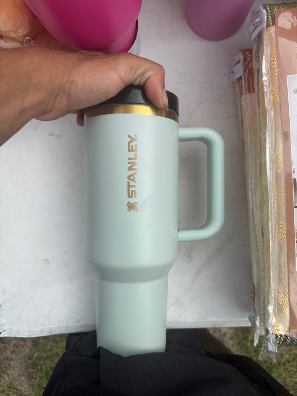 Stanley Mint Green Travel Mug with Gold Accents and Handle Flip Top